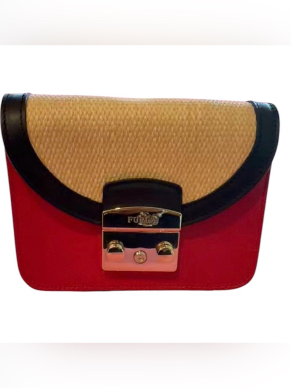 Furla Metropolis Red Leather Straw Flap Shoulder/Crossbody Bag Like New Auth